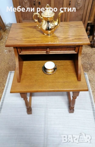 Стилна помощна масичка / нощно шкафче от масивно дърво с чекмедже и долен плот. , снимка 3 - Шкафове - 53380492