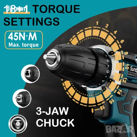 Sundpey 21V Електрическа бормашина Винтоверт с 2 батерии 2,0 Ah, LED светлина и нивелир, 2 скорости, снимка 3 - Винтоверти - 47524255