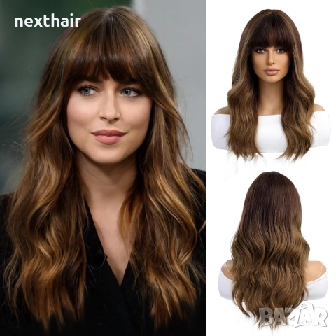 исококачествена кафява чуплива омбре перука с тъмни корени и бретон, снимка 2 - Аксесоари за коса - 51435918