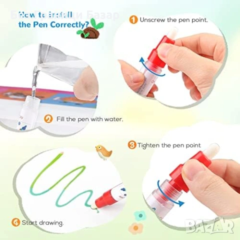 Нова Подложка за рисуване с вода за деца сгъваема образователна с 6 писалки и шаблони, снимка 3 - Рисуване и оцветяване - 54208262