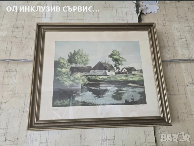 Старинна датска картина – оригинална цветна графика (офорт), худ. П. Мьолер