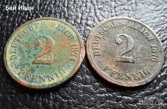 Стара монета 2 пфенига 1874 г. буква С и 1876 буква А- Германия- бронз , рядки