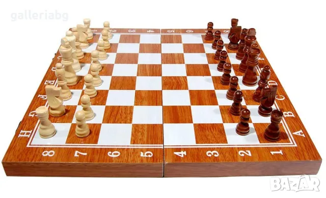 Голям дървен комплект шах и табла в сгъваема кутия 48×48 см