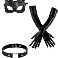 Секси комплект с кожени аксесоари Маска ръкавици и чокър, снимка 1 - Бельо - 44413662