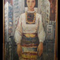 Стара, голяма картина, момиче с носия, 1970-те год., 132х84, снимка 2 - Картини - 31180760