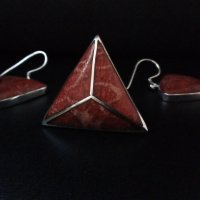 Дизайнерски сребърен комплект  с червен  корал   /обеци и пръстен /, снимка 6 - Бижутерийни комплекти - 30163938