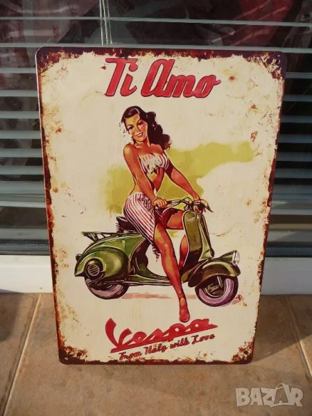 Метална табела Vespa Ti Amo итлианка на ретро мотопед скутер готина, снимка 1