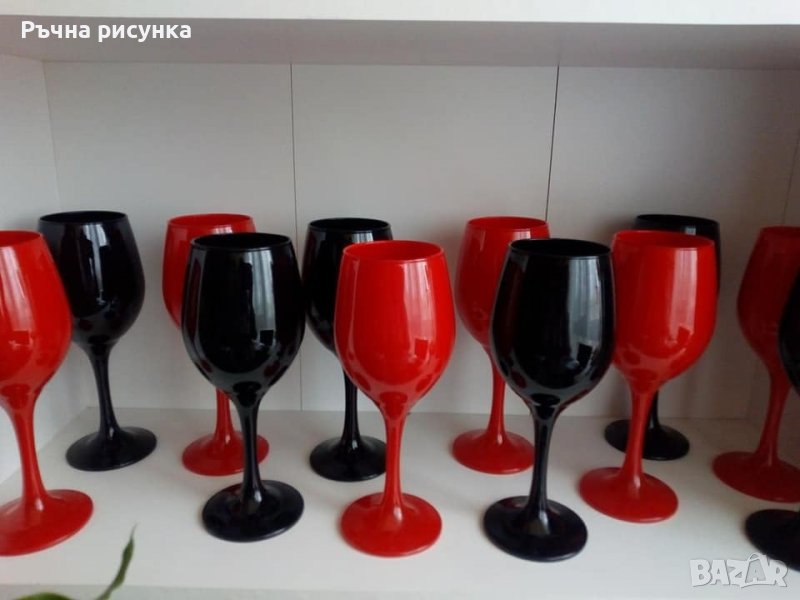 Налични изпращам веднага комплект 6 броя черни и червени чаши за вино за всекидневно ползване, снимка 1