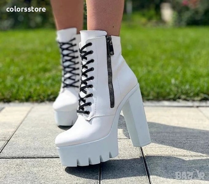 Боти на ток - бяла кожа с бяло ходило (черни връзки) - BT13, снимка 1