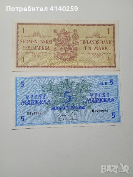 ФИНЛАНДИЯ БАНКНОТИ 5 марки 1963 г 1 марка 1963 г , снимка 1