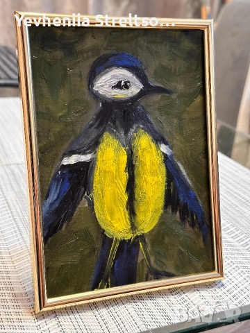 Оригинальная миниатюра маслом ПТИЦА СИНИЦА, снимка 2 - Картини - 52880495