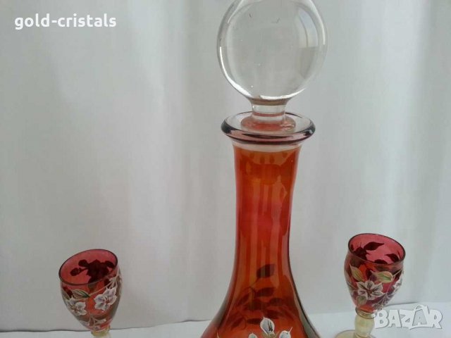 Кристални чаши и гарафа Бохемия рисувани цветно стъкло, снимка 7 - Антикварни и старинни предмети - 31273543