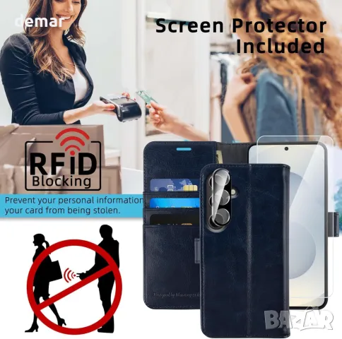 MONASAY калъф-портфейл за за Samsung Galaxy S24 6.2 инча, RFID блокиране, син, снимка 7 - Калъфи, кейсове - 50032196