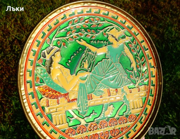 Бронзова чиния,пано с Хермес,емайли Клоазон. , снимка 2 - Антикварни и старинни предмети - 30563316