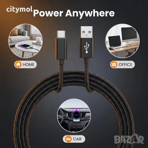 USB Type C кабел за бързо зареждане до 60 W, найлонова оплетка - 300 см