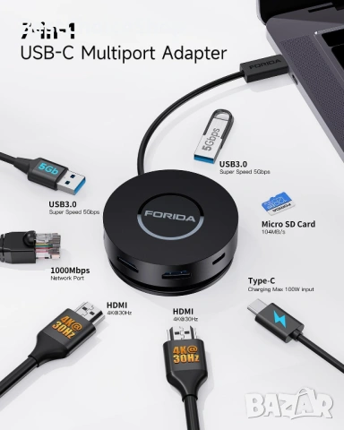 FORIDA - 7 in 1 Мини USB C докинг станция
