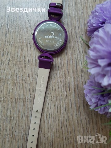 Часовник с кристали и каишка от естествена кожа в лилаво , снимка 2 - Дамски - 29643956