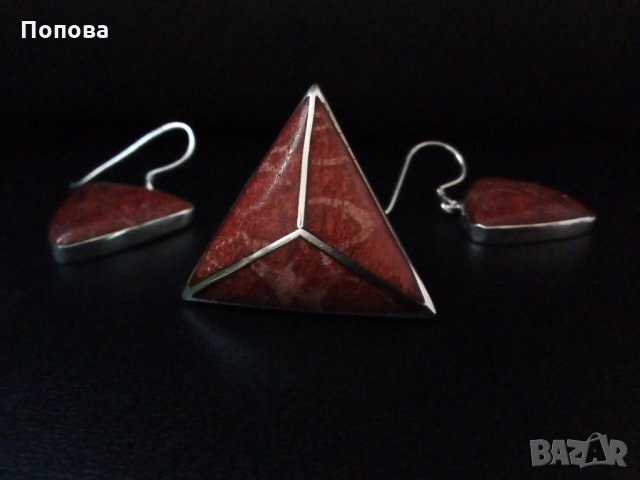 Дизайнерски сребърен комплект  с червен  корал   /обеци и пръстен /, снимка 6 - Бижутерийни комплекти - 30163938