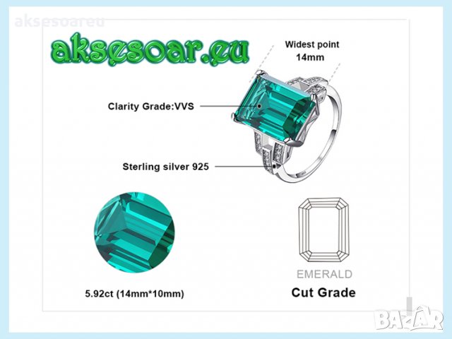 Пръстен със смарагдов зелен син камък 925 сребърен посребрен за жени годежен за момичета скъпоценни , снимка 8 - Пръстени - 38379911