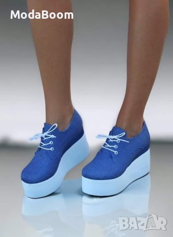 Стилни обувки на платформа - Деним , снимка 1 - Дамски елегантни обувки - 42833089