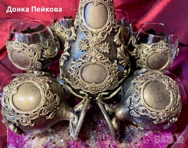 Ръчно изработен сервиз за коняк в старинно злато от 7 части, снимка 3 - Декорация за дома - 48657367