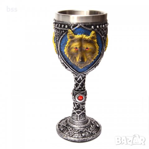 Код 94154 Стилна чаша от полирезин и метал с релефни декорации - вълци и символи, снимка 1 - Чаши - 37030133