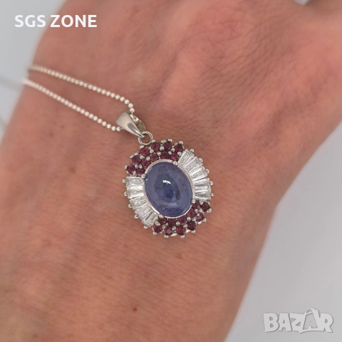 СРЕБЪРНА ВИСУЛКА С НАТУРАЛЕН ТАНЗАНИТ И РУБИНИ ОТ ТАЙЛАНД, снимка 2 - Колиета, медальони, синджири - 52315780