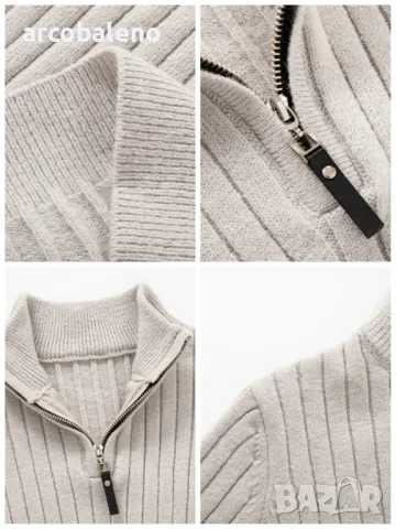 Мъжки ежедневен едноцветен еластичен плетен пуловер с кръгла яка, 5цвята, снимка 4 - Пуловери - 43343538