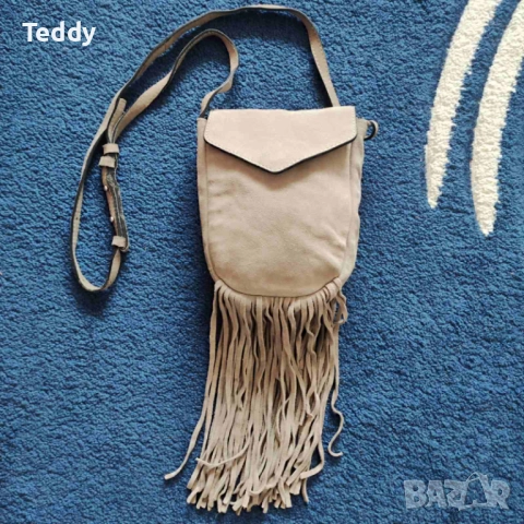 Чанта с ресни Mango, естествен велур