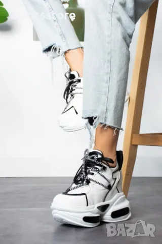 Кецове на платформа - бяло с черно - PA400, снимка 2 - Кецове - 47998750