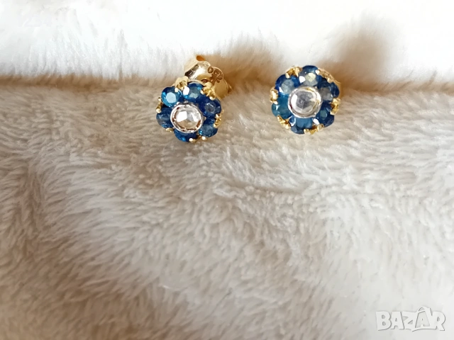 Стари 18к. златни обеци с диаманти и сапфири, снимка 4 - Обеци - 53244482