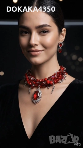Червен комплект колие и обеци 