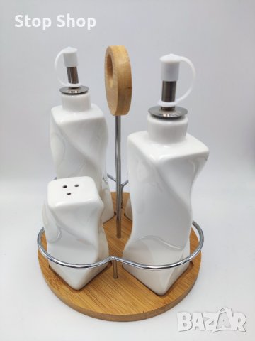 Оливерник сет 5 части бамбук, порцелан и метал , снимка 4 - Аксесоари за кухня - 39834626