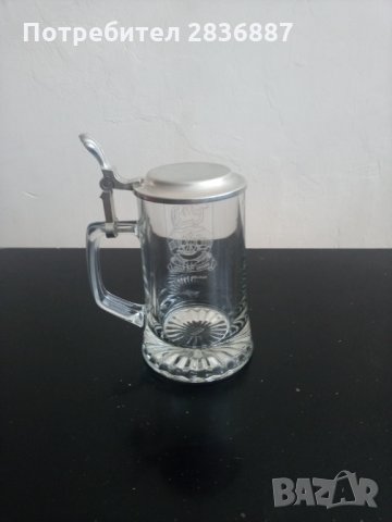 Гравирана стъклена халба за бира с калаен капак, снимка 4 - Антикварни и старинни предмети - 35437990