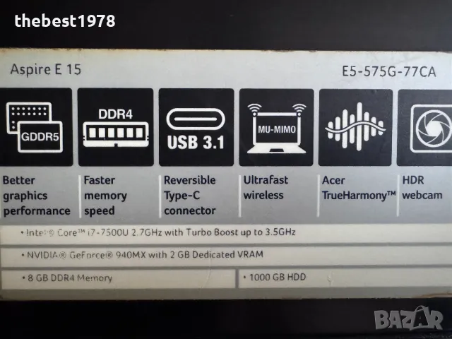 15,6 FHD Acer E5`Core i7-7500U/12GB DDR4/256GB SSD/Nvidia 940MX/Бат 4ч, снимка 4 - Лаптопи за работа - 48217904