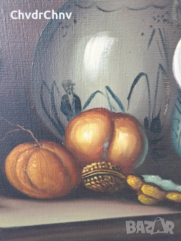 Rens 100х80см/стара голяма картина масло върху платно/натюрморт/маса-съдове-плодове/дървена рамка, снимка 9 - Картини - 51846103