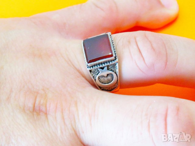 Стар красив мъжки сребърен пръстен, турски пръстен с карнеол и с ГОЛЯМ полумесецът и звездата, т, снимка 4 - Пръстени - 37691989