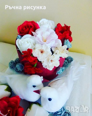 Сватбена декорация с гълъби ,кутия със сапунени рози на поставка и две сватбени картички , снимка 3 - Декорация за дома - 37137741