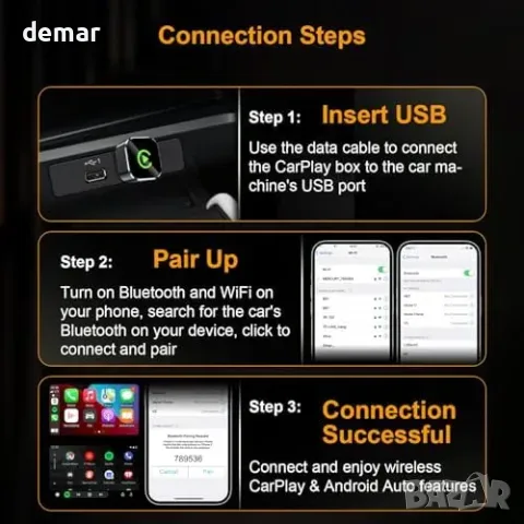 BANKKY 2-в-1 Wireless CarPlay & Android Auto адаптер (wired към wireless), снимка 6 - Аксесоари и консумативи - 55850046