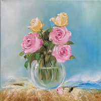 "Рози" - маслени бои, 40/40 см. Рамкирана, снимка 4 - Картини - 44710321