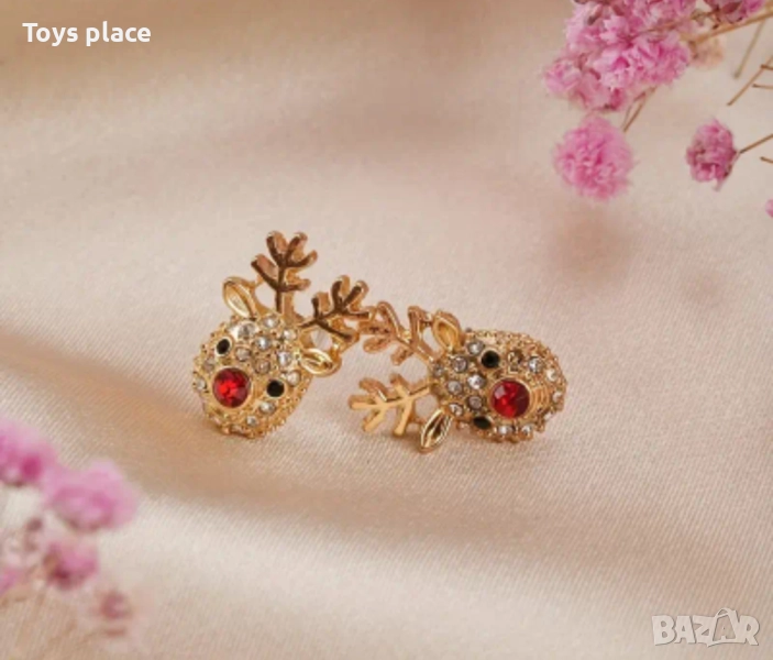 Красиви коледни обеци с циркони, коледни еленчета обеци , снимка 1