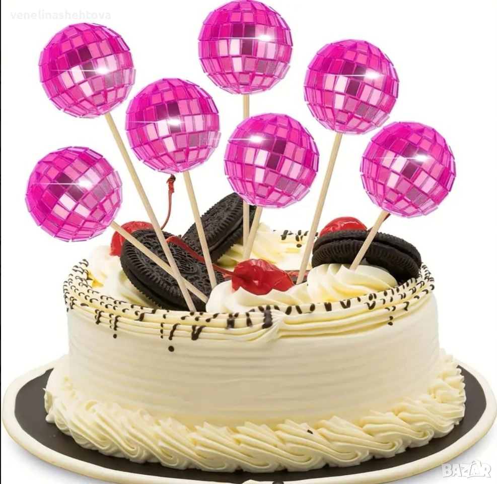 Тъмно розови огледални диско топки топчета на клечка за декорация торта мъфини , снимка 1