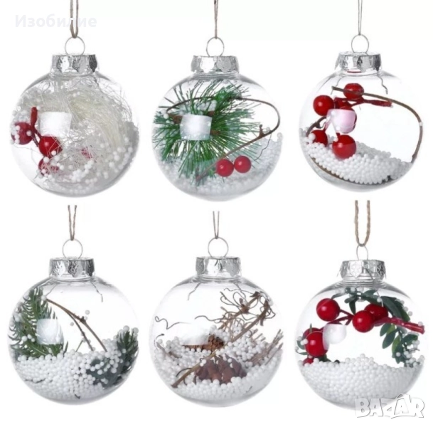 Комплект от 6 прозрачни топки за елха, Коледна украса, снимка 1