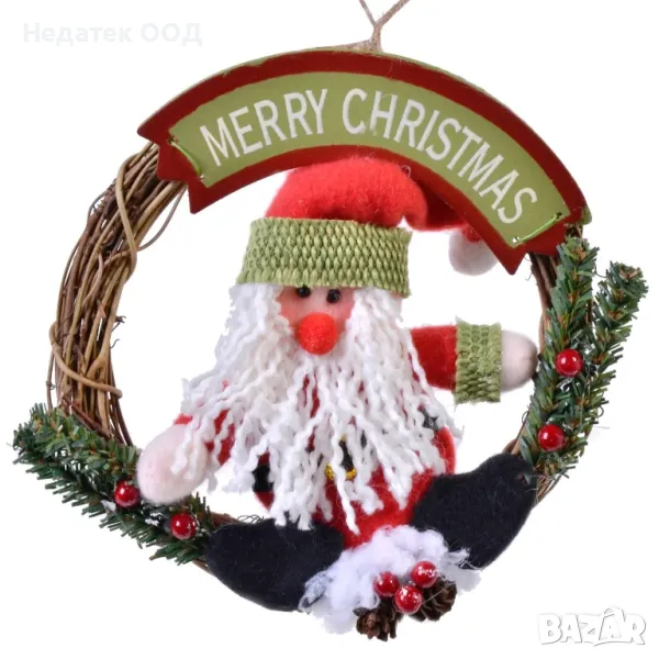 Коледен декоративен, дървен, венец, Дядо Коледа, Весела Коледа, 15см, снимка 1