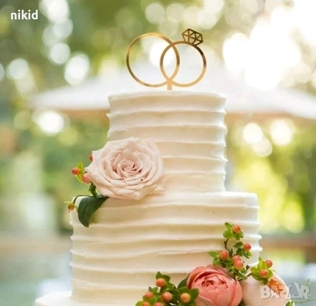 сватбени халки халка пръстени сватба годеж годежни златен пластмасов топер за торта украса декор , снимка 1