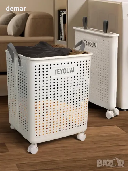 TEYOUAI 67 л Пластмасов сгъваем кош за пране, с дръжки и колела, снимка 1