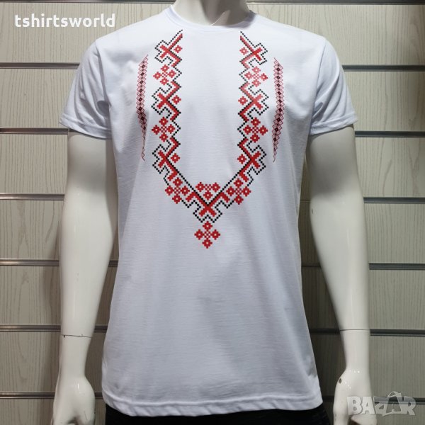 Нова мъжка бяла тениска с трансферен печат Шевица, Етно мотив, България, снимка 1