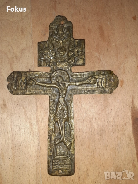 Стар голям възрожденски бронзов кръст разпятие религия, снимка 1
