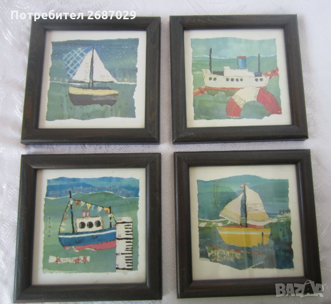 4 бр картини Морски пейзаж, кораб лодка, снимка 1