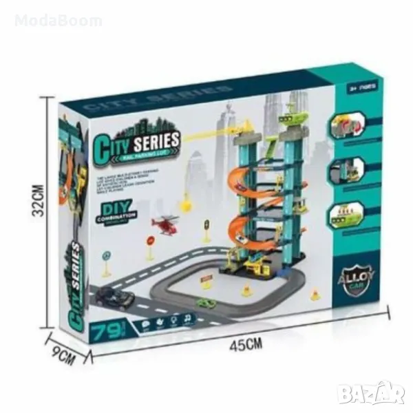 Голяма писта с паркинг, асансьор и кран със звук и светлина – 79 елемента, снимка 1